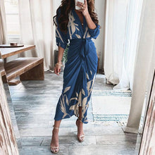 Load image into Gallery viewer, Navy Leaf Pattern Print Ruched Bodycon Dress