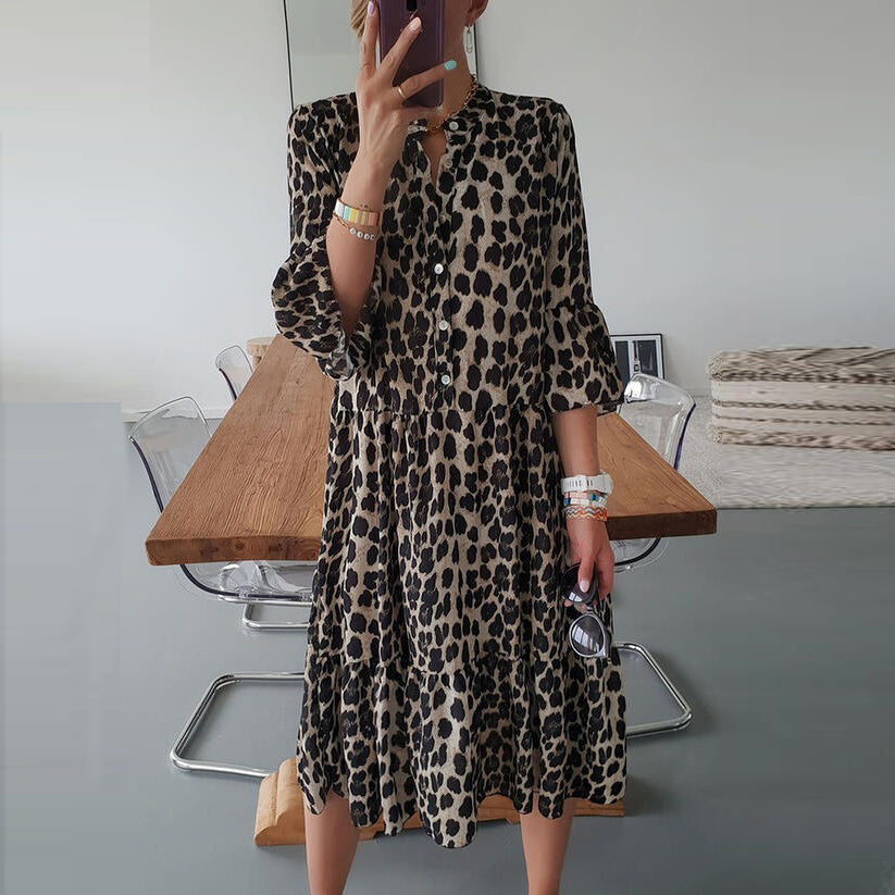 Brown Leopard Print Bell Sleeve Midi Dress