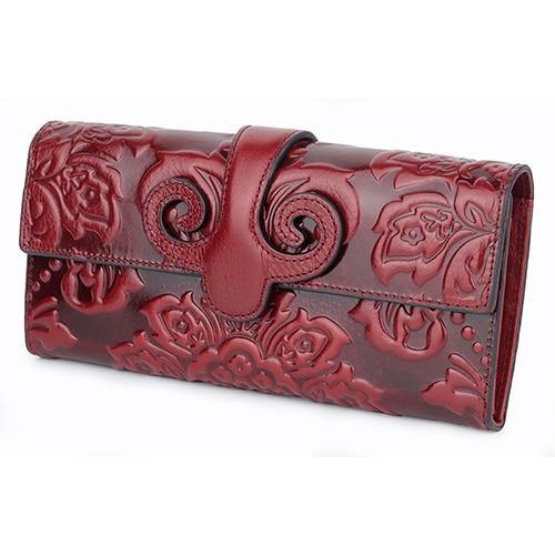 Premium Genuine Oil Waxing Leather Embossed Floral Woman Purse Long Women's Wallets