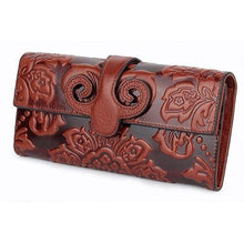 Load image into Gallery viewer, Premium Genuine Oil Waxing Leather Embossed Floral Woman Purse Long Women&#39;s Wallets
