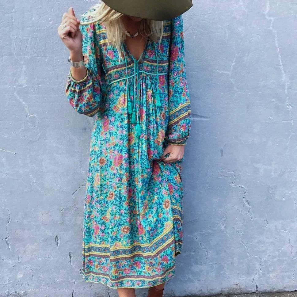 Boho Long Sleeves Floral Loose Midi Dress